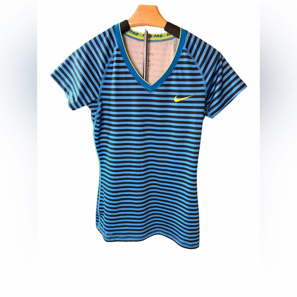 Nike Women's Black and Blue Striped Tee